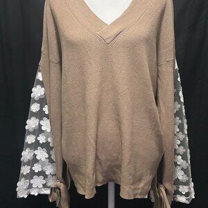 French Connection Tan V-Neck Sweater with Floral Sleeves